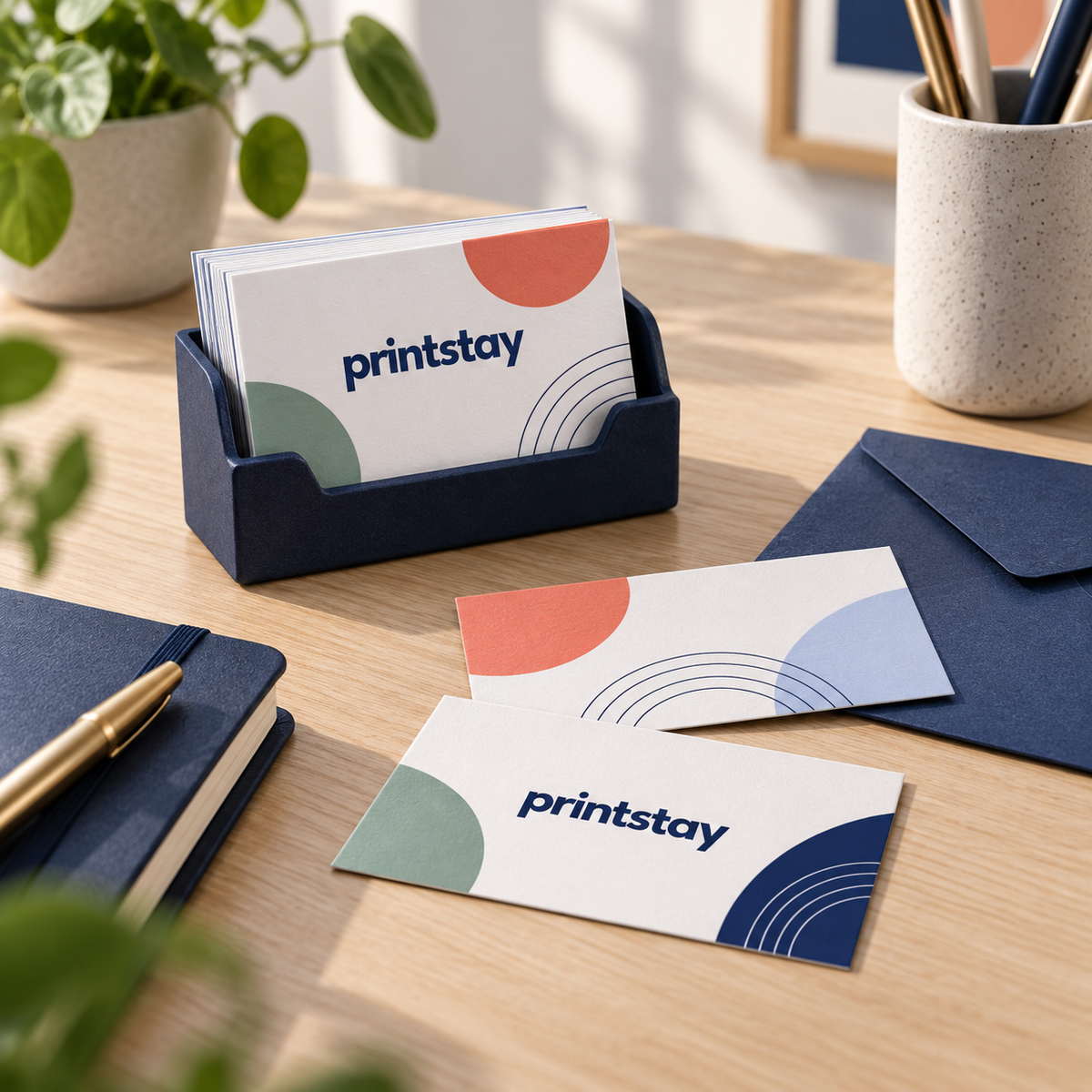 Professional business cards presented on a studio desk