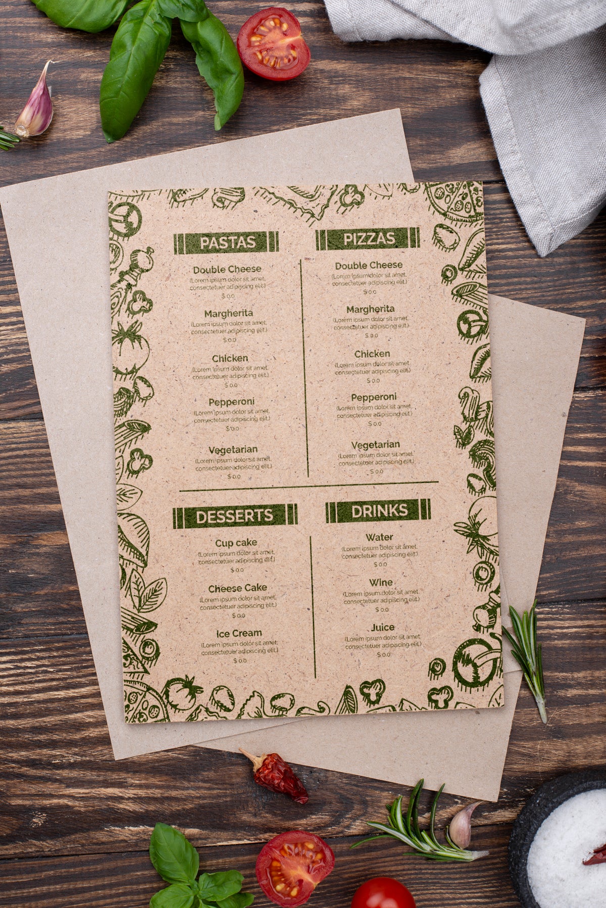 A4 laminated restaurant menu example