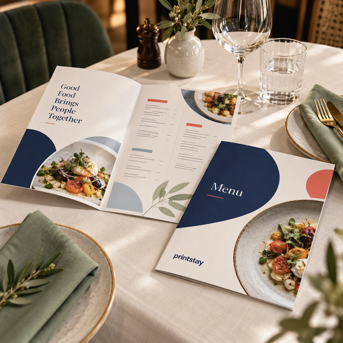 Printed restaurant menus displayed on a dining table