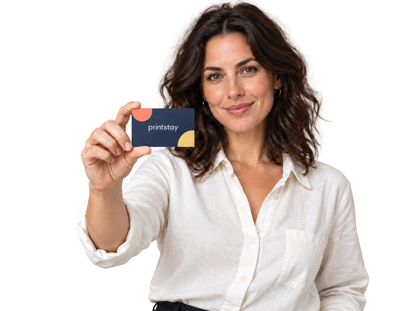 Woman holding a navy Printstay business card